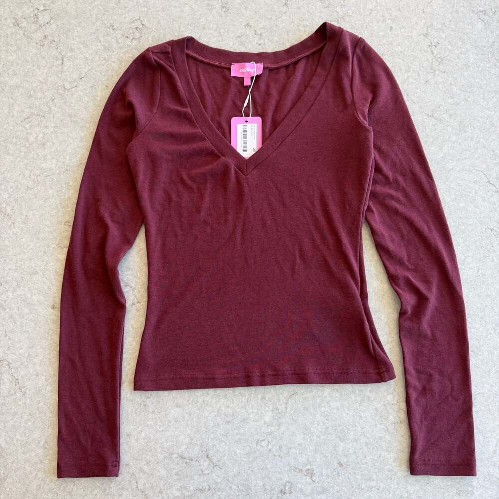 Edikted Larna V-Neck Ribbed T-Shirt Size XS Burgundy Long Sleeve